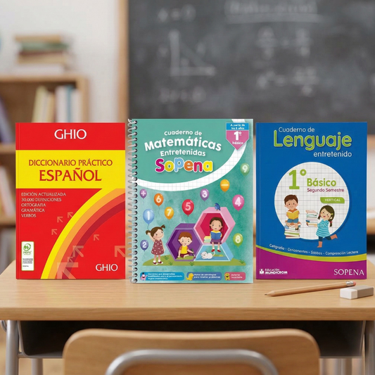 Combo Escolar Cuaderno Matemática 1 Básico + Lenguaje II Semestre Vertical + Diccionario Ghio Práctico Lengua Española – Libertad S.A.