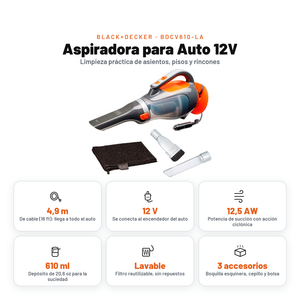 Aspiradora para Auto 12V BDCV610-LA Black and Decker: cable de 4,9 m, 12 V, 12,5 AW, depósito de 610 ml, filtro lavable y 3 accesorios