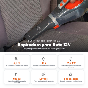 Aspiradora para Auto 12V BDCV610-LA Black and Decker limpiando el asiento del auto, con sus atributos principales