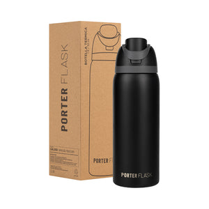 Botella Térmica Porter Flask Acero Inoxidable 700 ml — botella negra junto a su caja