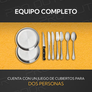 Set Cubiertos y Platos Camping 2 Personas Acero Inoxidable Pro Outdoor