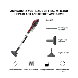 Aspiradora Vertical 2 en 1 1250W Filtro HEPA Black and Decker AVT12-B2C