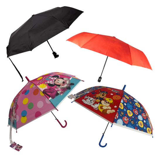 Combo Paraguas Retráctil Negro y Rojo, Paw Patrol y Minnie