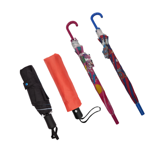 Combo Paraguas Retráctil Negro y Rojo, Paw Patrol y Minnie