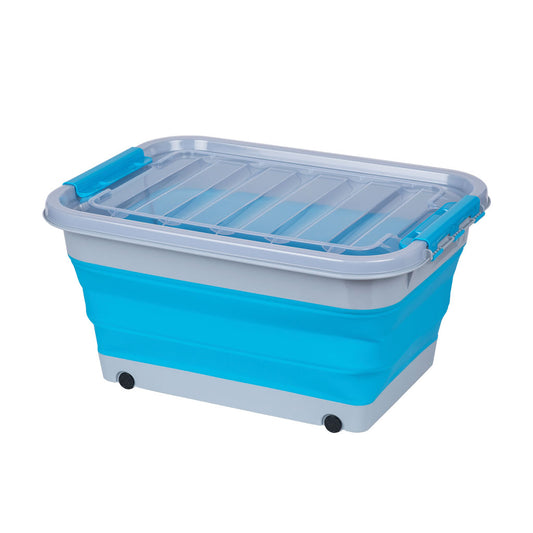 Caja silicona plegable ruedas 30L celeste