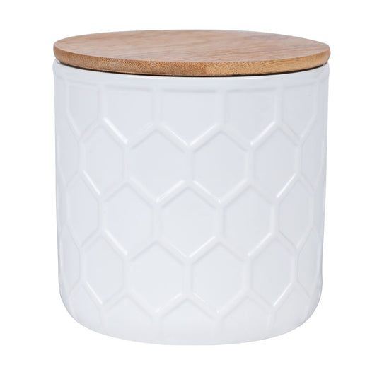 Frasco Cerámica Tapa Bambú 12.6X12.3Cm Blanco