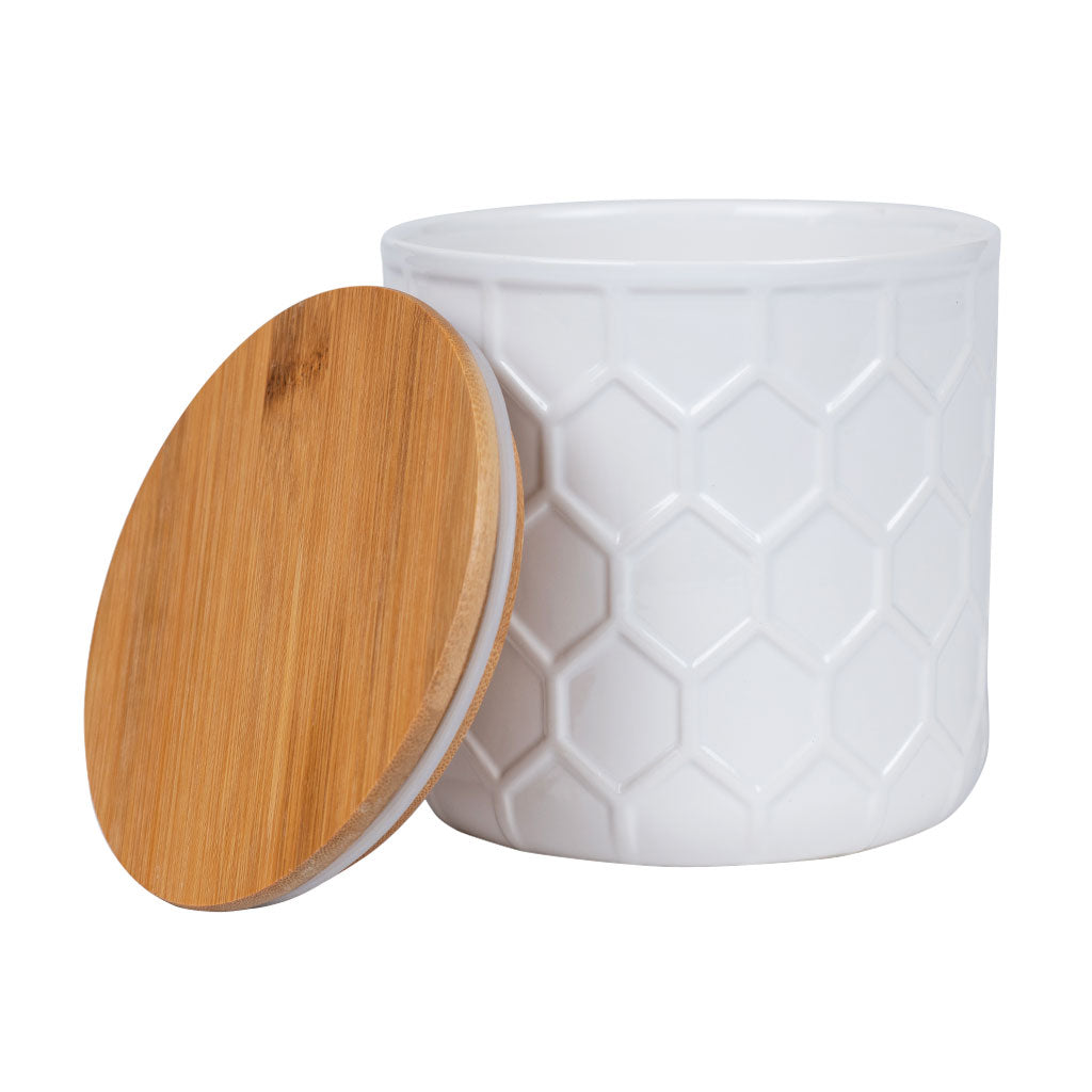 Frasco Cerámica Tapa Bambú 12.6X12.3Cm Blanco