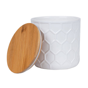 Frasco Cerámica Tapa Bambú 12.6X12.3Cm Blanco