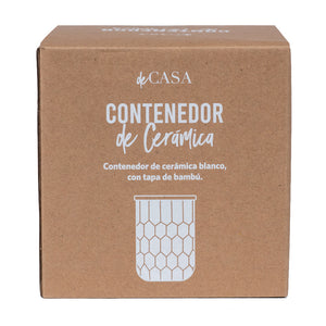Frasco Cerámica Tapa Bambú 12.6X12.3Cm Blanco