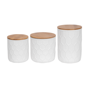 Frasco Cerámica Tapa Bambú 12.6X12.3Cm Blanco