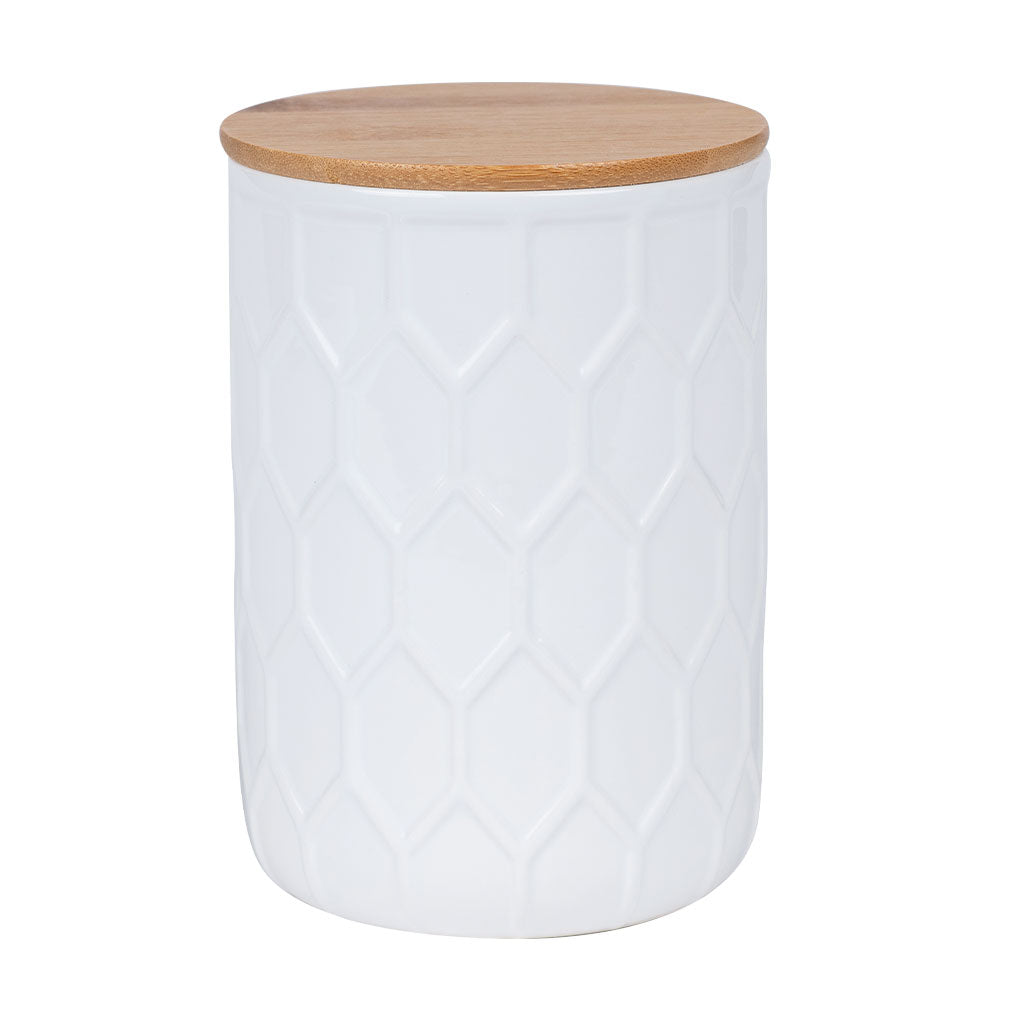 Frasco cerámica tapa bambú 12.2x17cm blanco
