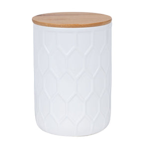 Frasco cerámica tapa bambú 12.2x17cm blanco