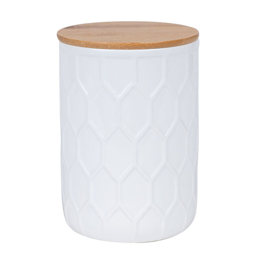 Frasco Cerámica Tapa Bambú 12.2X17Cm Blanco