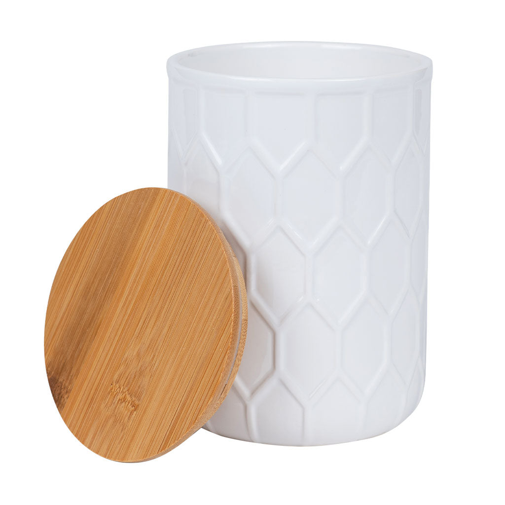 Frasco Cerámica Tapa Bambú 12.2X17Cm Blanco