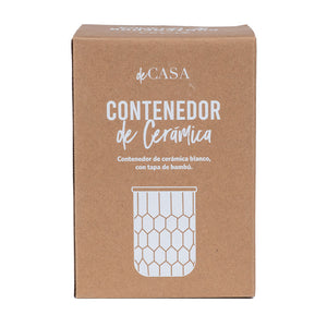 Frasco Cerámica Tapa Bambú 12.2X17Cm Blanco