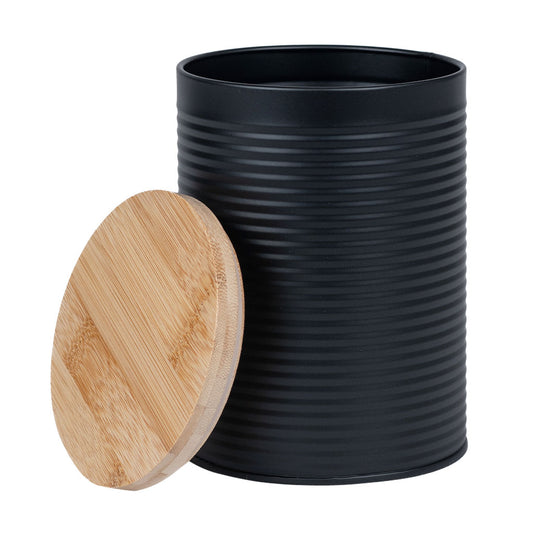 Combo: Frasco Metal Tapa Bambú 21.5X10Cm Negro + Frasco Metal Tapa Bambú 14.5X18Cm Negro + Frasco Metal Tapa Bambú 11X15Cm Negro