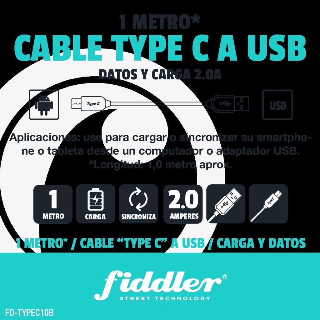 Cable Plano USB A Tipo C 2.0A Negro