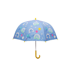 Combo Lluvia Niña: Paraguas Arcoíris Cambia Color Celeste + Impermeable Cara Minnie
