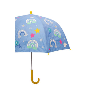 Combo Lluvia Niña: Paraguas Arcoíris Cambia Color Celeste + Impermeable Cara Minnie