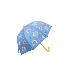 Combo Lluvia Niña: Paraguas Arcoíris Cambia Color Celeste + Impermeable Cara Minnie