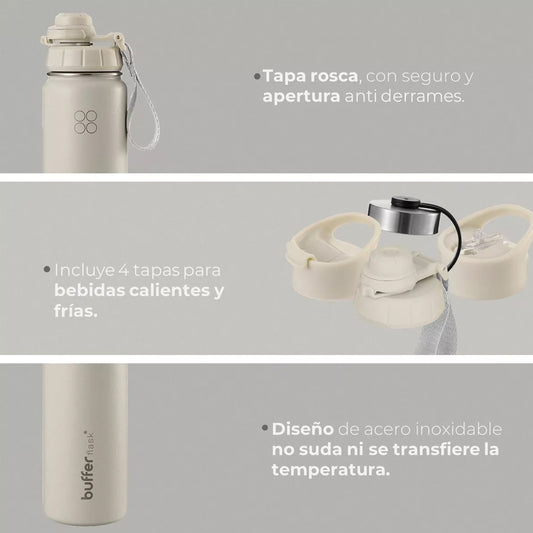 Botella Agua Térmica Buffer Morea 700ml + 4 Tapas Ivory
