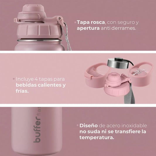 Botella Agua Térmica Buffer Morea 700ml +4 Tapas Velvet Pink
