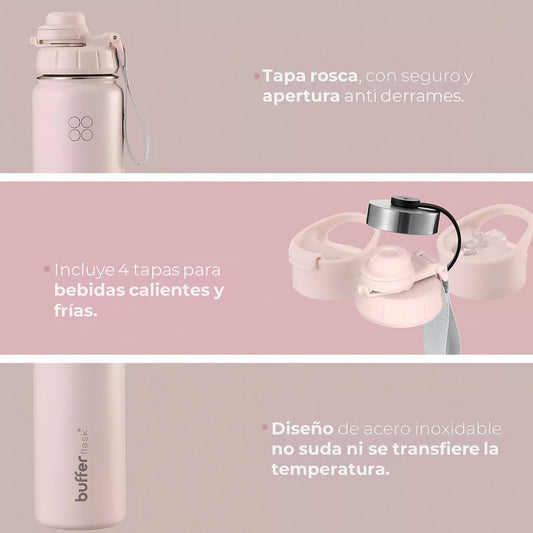 Botella Agua Térmica Buffer Morea 700ml  +4 Tapas Pinky