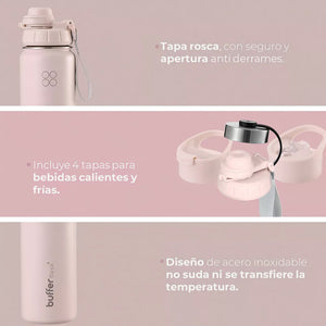 Botella Agua Térmica Buffer Morea 700ml +4 Tapas Pink Leopardo