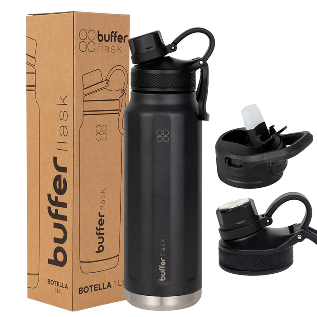 Botella Agua Térmica Buffer Paine 950ml + 2 Tapas Negra