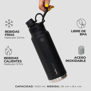 Botella Agua Térmica Buffer Paine 1Lt  + 2 Tapas Negra