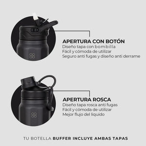 Botella Agua Térmica Buffer Paine 1Lt  + 2 Tapas Negra