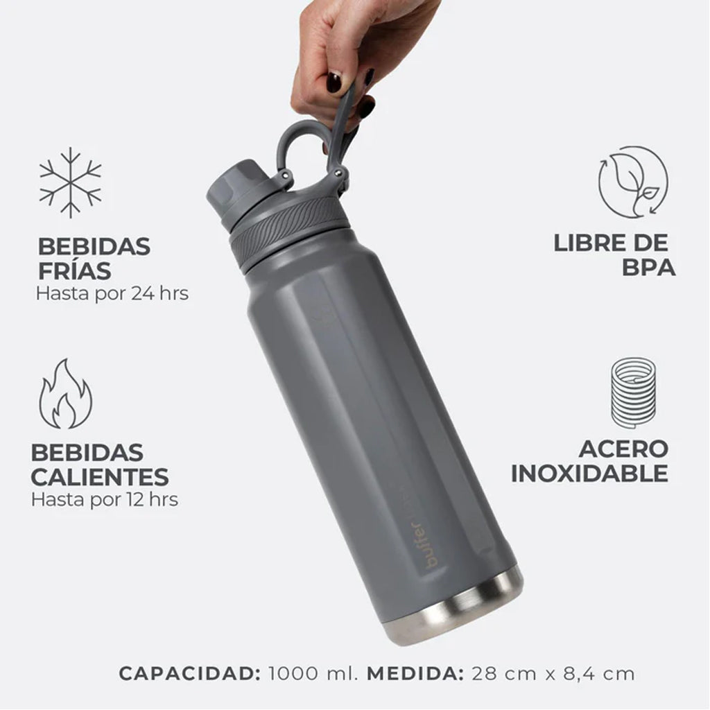 Botella Agua Térmica Buffer Paine 1Lt  + 2 Tapas Cool Grey