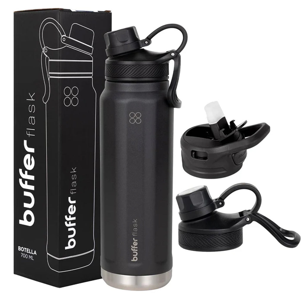Botella Agua Térmica Buffer Paine 700ml  + 2 Tapas Negra