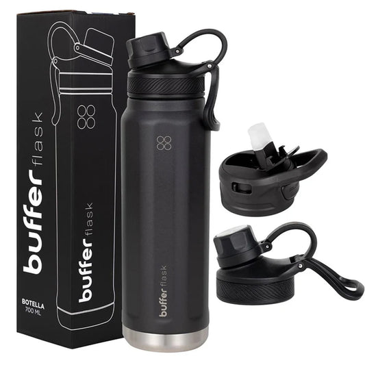 Botella Agua Térmica Buffer Paine 700ml  + 2 Tapas Negra