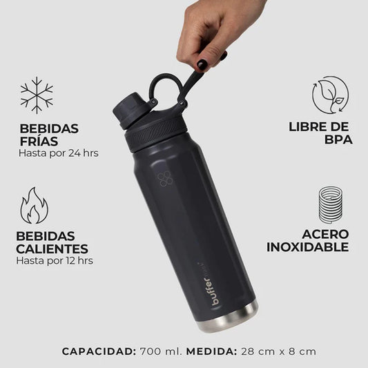 Botella Agua Térmica Buffer Paine 700ml  + 2 Tapas Negra