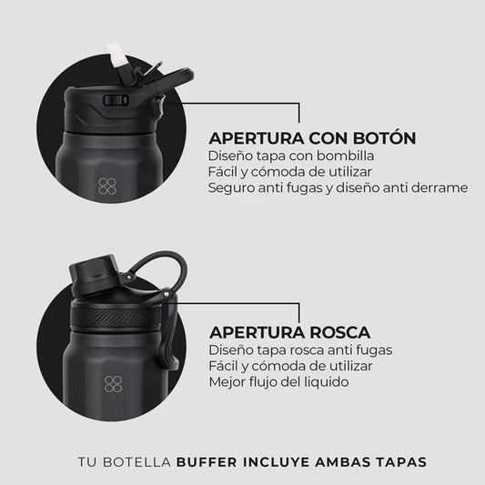 Botella Agua Térmica Buffer Paine 700ml  + 2 Tapas Negra
