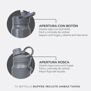 Botella Agua Térmica Buffer Paine 700ml  + 2 Tapas Cool Grey