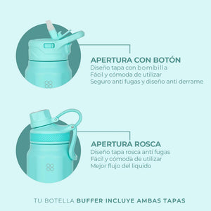 Botella Agua Térmica Buffer Paine 700ml  + 2 Tapas Turquesa