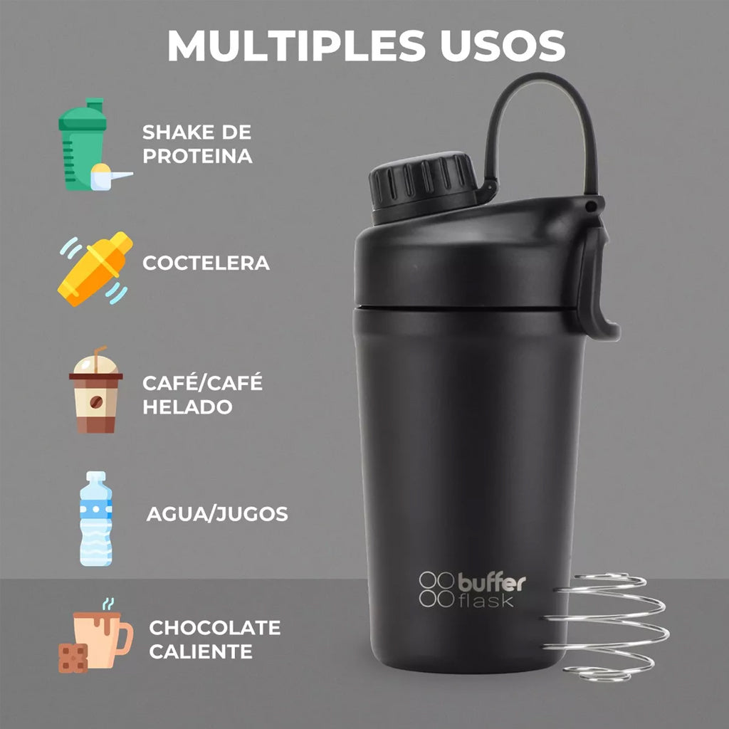 Shaker Proteina Buffer Acero Inoxidable 600ml Negro
