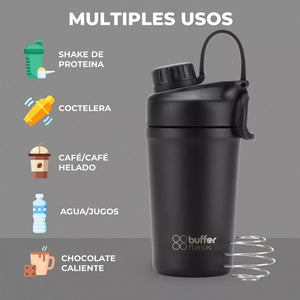 Shaker Proteina Buffer Acero Inoxidable 600ml Negro