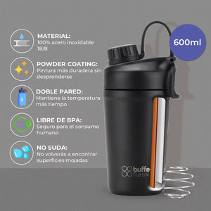 Shaker Proteina Buffer Acero Inoxidable 600ml Negro