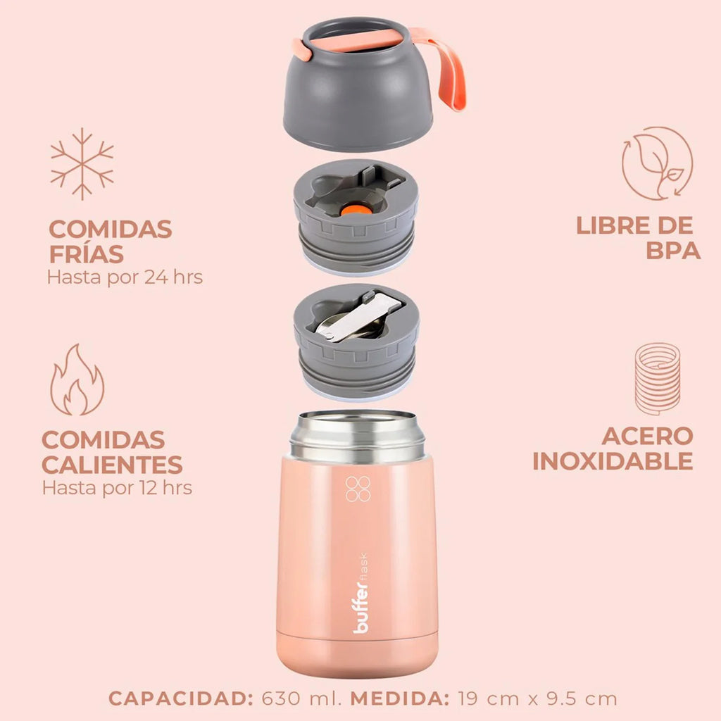 Termo Comida y Liquido Buffer 630ml + Bolso y Cuchara Rosado