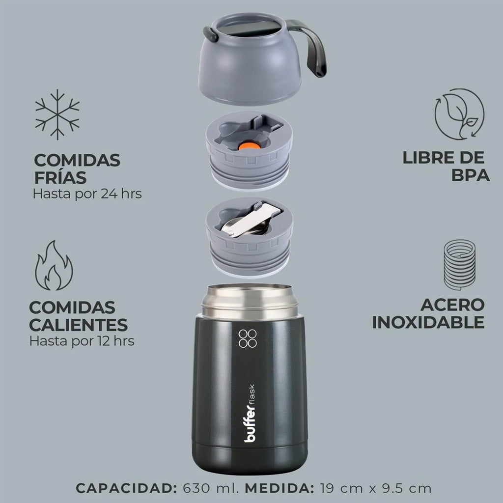 Termo Comida y Liquido Buffer 630ml + Bolso y Cuchara Gris