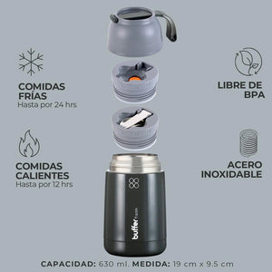 Termo Comida y Liquido Buffer 630ml + Bolso y Cuchara Gris