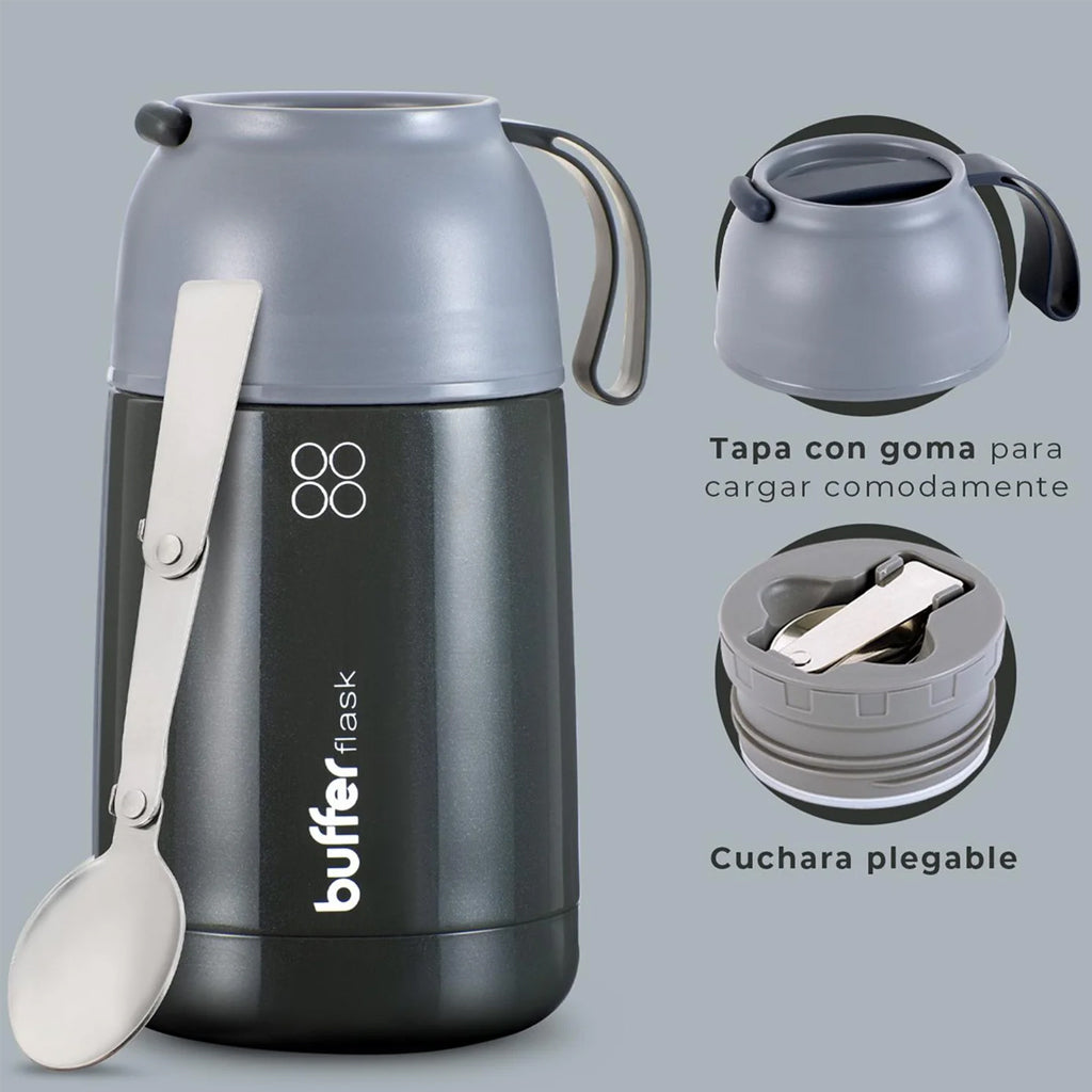 Termo Comida y Liquido Buffer 630ml + Bolso y Cuchara Gris
