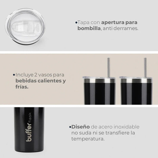 Set de 2 Vasos Térmicos Buffer Frío y Calor Negro