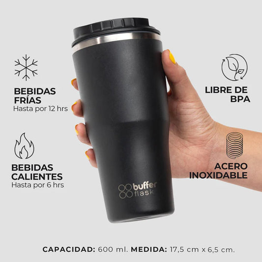 Mug Vaso Térmico Buffer Roques 600 ml +Tapas Negro