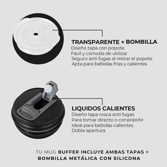 Mug Vaso Térmico Buffer Roques 600 ml +Tapas Negro
