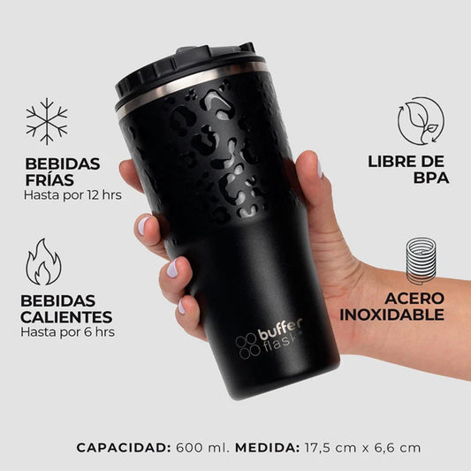 Mug Vaso Térmico Buffer Roques 600 ml +Tapas Negro Leopardo