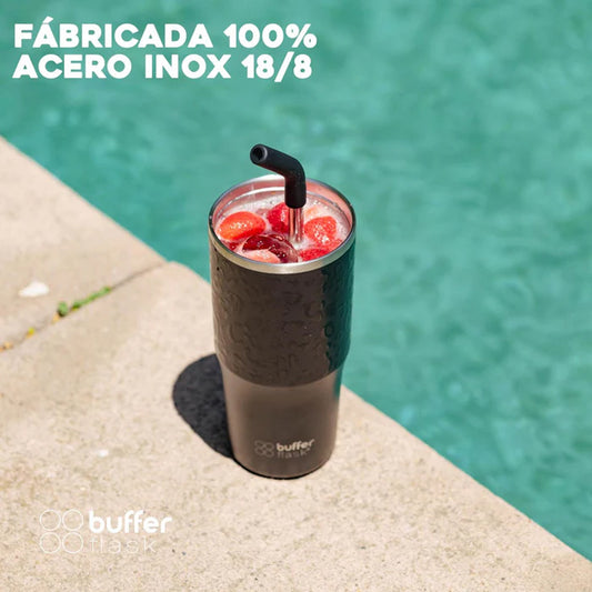 Mug Vaso Térmico Buffer Roques 600 ml +Tapas Negro Leopardo